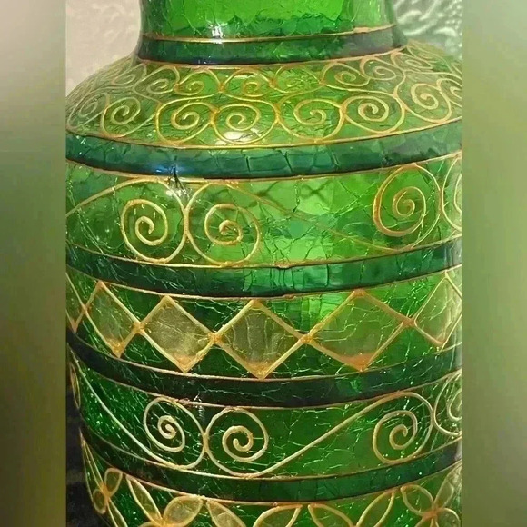 Vintage  Bohemian Green Crackle Gold-Gilded Vase - Picture 3 of 12